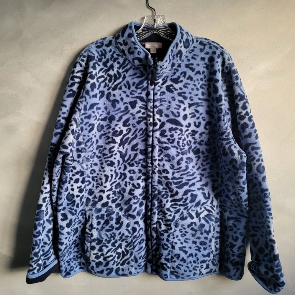 Sport Savvy Reversible Heavy Fleece Jacket Women Size XL Rave Y2K Blue Cheetah